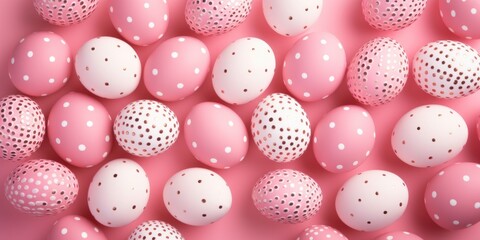 Easter background with colored eggs. Pink and white Easter eggs over pink background