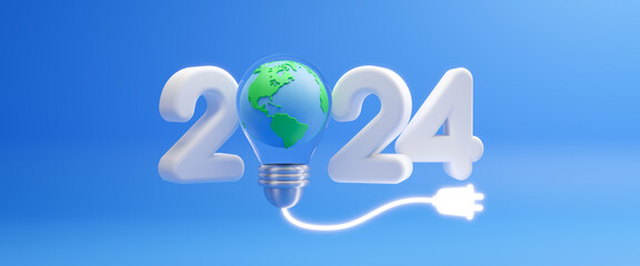 2024 Sustainable development concept, renewable energy business, Green energy and eco friendly, environmental balance in business, ESG. Ecology and environment concept. Happy new year 2024. 3d render