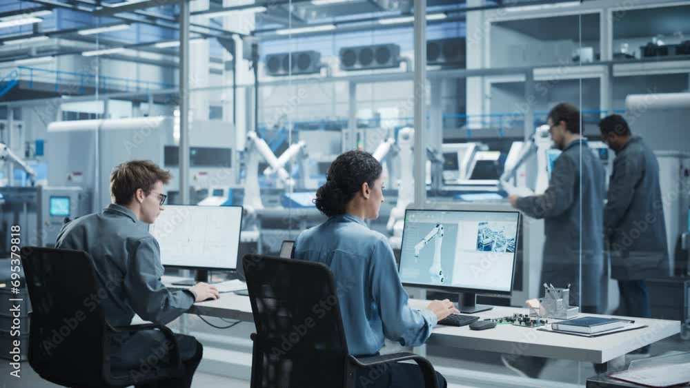 Leinwandbilder Caucasian Male Programmer And Hispanic Female Automation Engineer Using Desktop Computers To Control Assembly Line With Robotic Arms At Modern Factory. Colleagues Working On Production Of Electronics.