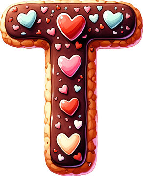 chocolate cookie letter T decorated with red hearts perfect for valentine's day baking projects and romantic designs sweet alphabet illustration