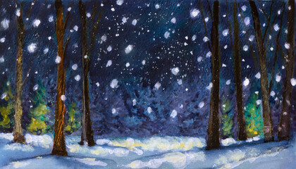 Snow falling at night in a snowy dark forest, copy space