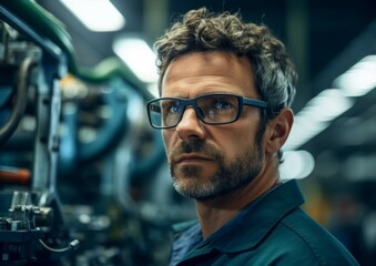 A modern large factory with containers in the background, one worker with a hard hat on their head with his arms folded confidently looking at us and smiling