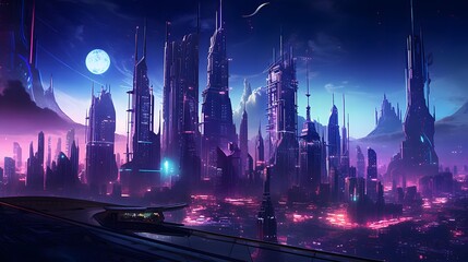 Futuristic city at night. Futuristic cityscape. 3d rendering - obrazy, fototapety, plakaty