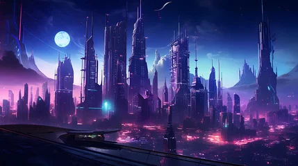 Poster Futuristic city at night. Futuristic cityscape. 3d rendering © Iman