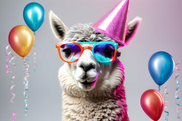 Happy cute alpaca in a colorful cap celebrating his Birthday, confetti. sparkles, air ballons flying around. Birthday party style. Generative AI. - obrazy, fototapety, plakaty