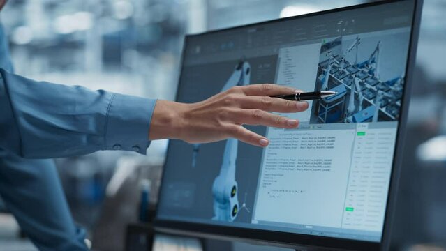 Close Up On Screen Of Desktop Computer With Automation Software For Autonomous Assembly Line At Modern Factory With Robotic Arms. Technical Supervisor Pointing At Display, Adjusting Production Process