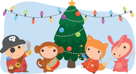 Сute carnival characters wearing costumes. Vector colorful illustration of kids in masquerade suits near the Christmas tree	