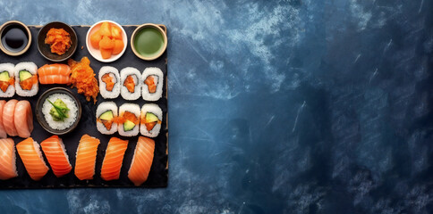 japanese sushi food. Maki ands rolls. Set of sushi and rolls decorated with wasabi and ginger