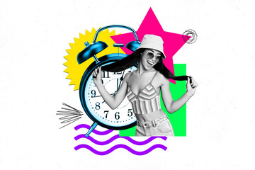 Poster collage of 3d alarm clock reminder beautiful carefree lady touching hair in sunhat at summer...