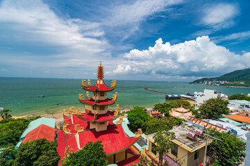 Tu Quang Pagoda in the coastal city of Vung Tau. Views of the sea and part of the city.