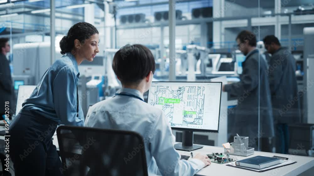 Poster hispanic female supervisor and asian male engineer talking and using desktop computer with blueprint