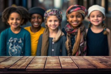 Wooden, empty table with a blurred background, of children of different cultures and color.