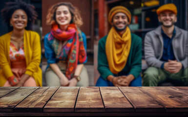 Wooden, empty table with a blurred background, of people of different cultures, age, sex and color.
