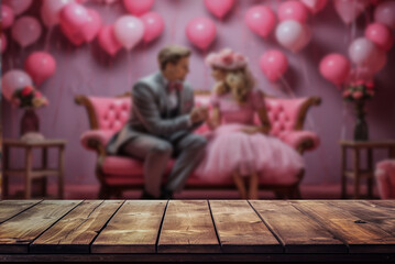 Obraz na płótnie Canvas Wooden, empty table with a blurred, romantic background, of couple in romantic embrace and pink hearts. Copy space.