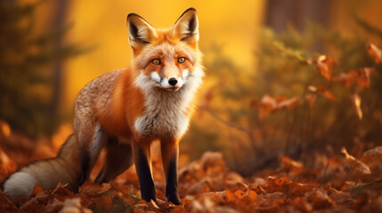 Cute Red Fox, Vulpes vulpes in fall forest. Beautiful animal in the nature habitat. generative ai