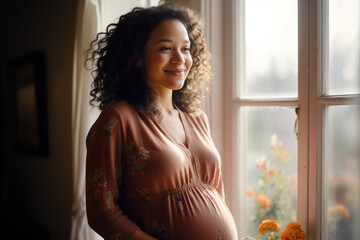 A happy pregnant biracial woman in her early 30s, tenderly embracing her baby bump while enjoying a serene moment by a window, surrounded by natural light in her cozy home