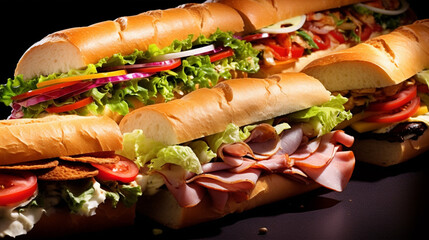 Submarine sandwich with ham, cheese lettuce tomatoes onion mortadella on wooden table. Generative AI - obrazy, fototapety, plakaty
