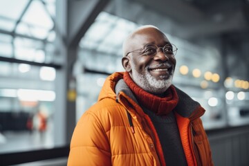 Obraz premium Portrait of a grinning afro-american man in his 50s wearing a cozy sweater against a bustling airport terminal. AI Generation