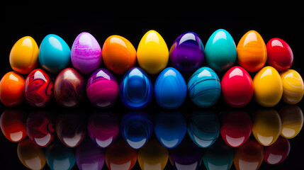 Colorful easter eggs on a black background. Neon and fluorescent style.