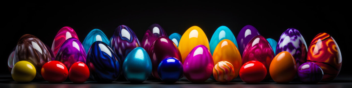 Banner Colorful easter eggs on a black background. Neon and fluorescent style.