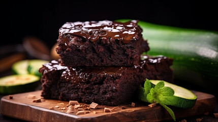 Chocolate zucchini brownie on a vintage wooden table Proper nutrition. Healthy dessert Generative AI