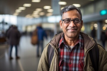 Fototapeta premium Portrait of a glad indian man in his 60s wearing a comfy flannel shirt against a bustling airport terminal. AI Generation