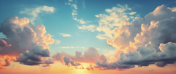hermoso cielo con nubes al atardecer con puesta de sol anaranjada - obrazy, fototapety, plakaty