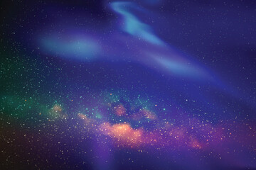 Night starry sky. Milky Way and Northern lights. Blue aurora borealis.