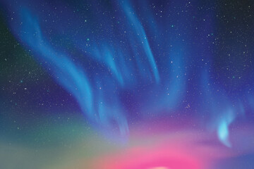 Colorful polar lights. Night starry sky. Purple blue aurora borealis.