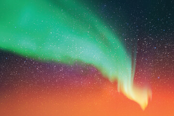 Orange green aurora borealis. Colorful polar lights, night starry sky