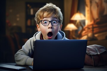 Shocked kid looking at laptop - obrazy, fototapety, plakaty