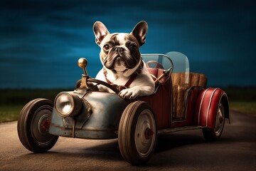 French bulldog in a red car. French bulldog riding in a red pedal car at night - obrazy, fototapety, plakaty