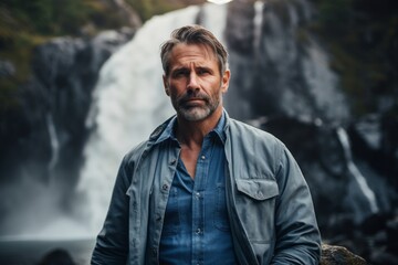 Portrait of a content man in his 50s sporting a versatile denim shirt against a backdrop of a spectacular waterfall. AI Generation