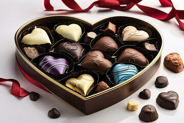 A beautifully designed heart-shaped chocolate box filled with assorted chocolates. 