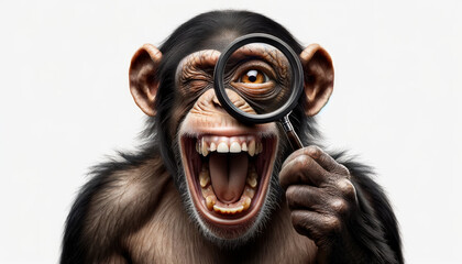 Monkey laughing and looking with a magnifying glass in his eye. isolated on white background. Funny chimpanzee laughing out loud and searching with magnifying glass