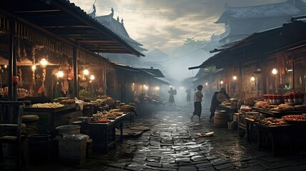 Traditional Asian market in misty morning - obrazy, fototapety, plakaty