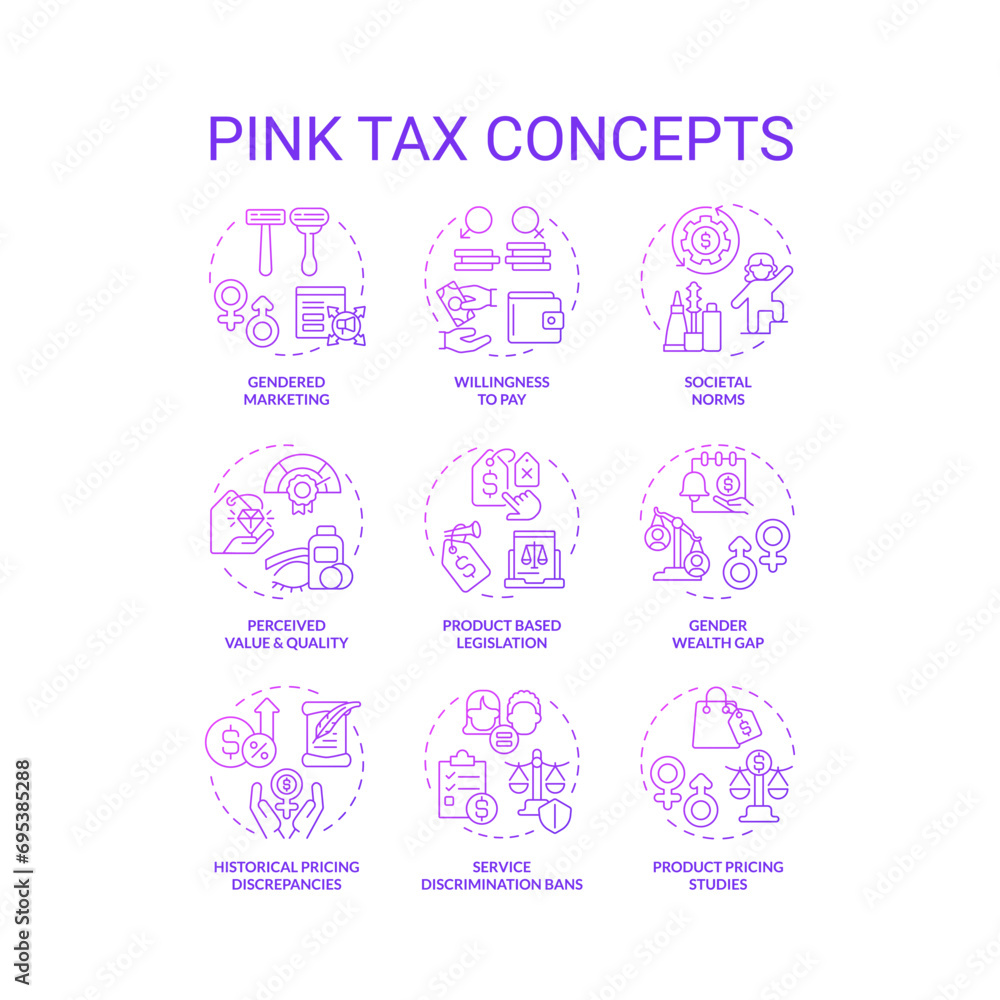 Poster set of 2d gradient thin line gradient icons representing pink tax, isolated creative vector, linear 