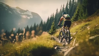 Zelfklevend Fotobehang Alpen Young woman cyclist rides on the mountain. woman Cyclist racing downhill on rugged mountain trail