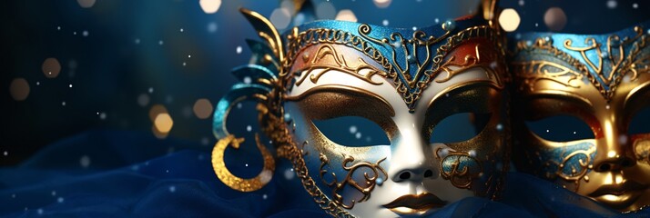 Beautiful carnival mask at night on a dark festive background - obrazy, fototapety, plakaty