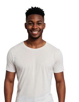 Young black man wearing a white t-shirt smiling and looking at the camera, Happiness concept, isolated, transparent background, no background. PNG.