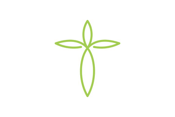 The leaf icon logo is in the shape of a cross in a simple style
