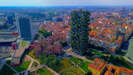 Aerial view of ecological skyscrapers with many trees on each balcony. Bosco Verticale. Modern...