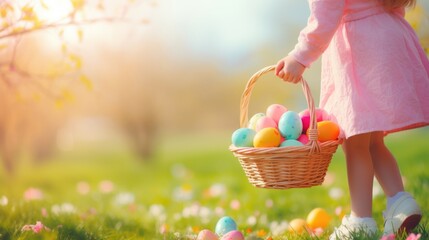 Festive Easter and spring day, design of little girl's hand holding basket with colorful Easter eggs on lawn background