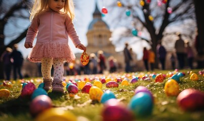 Fototapeta na wymiar Festive Easter and spring day, design of little girl's hand holding basket with colorful Easter eggs on lawn background