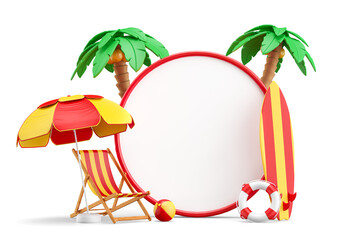 Beach scenery frame with realistic objects on transparent background in 3d render