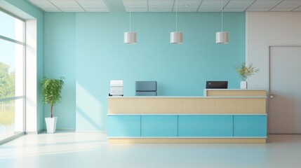Empty waiting room in lobby with reception desk in dental clinic