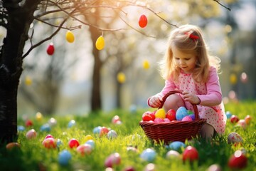 Festive Easter and spring day, design of little girl's hand holding basket with colorful Easter eggs on lawn background