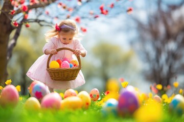 Obraz na płótnie Canvas Festive Easter and spring day, design of little girl's hand holding basket with colorful Easter eggs on lawn background
