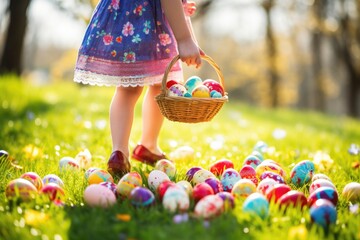 Festive Easter and spring day, design of little girl's hand holding basket with colorful Easter eggs on lawn background - obrazy, fototapety, plakaty