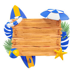Wooden board with realistic beach objects on transparent background in 3d render
